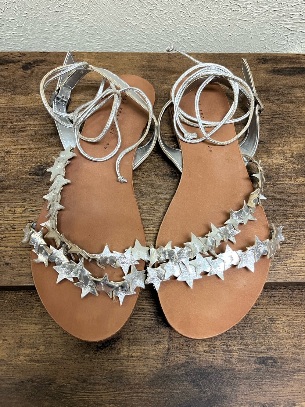 Zara Celestial Silver Star Trim Ankle Tie Strappy Sandals Size 38 Women’s 7